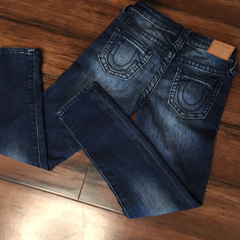True religion blue jean size 6x adjustable waist dark blue wash